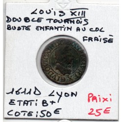 Double Tounois 1611 D Lyon B+ Louis XIII pièce de monnaie royale