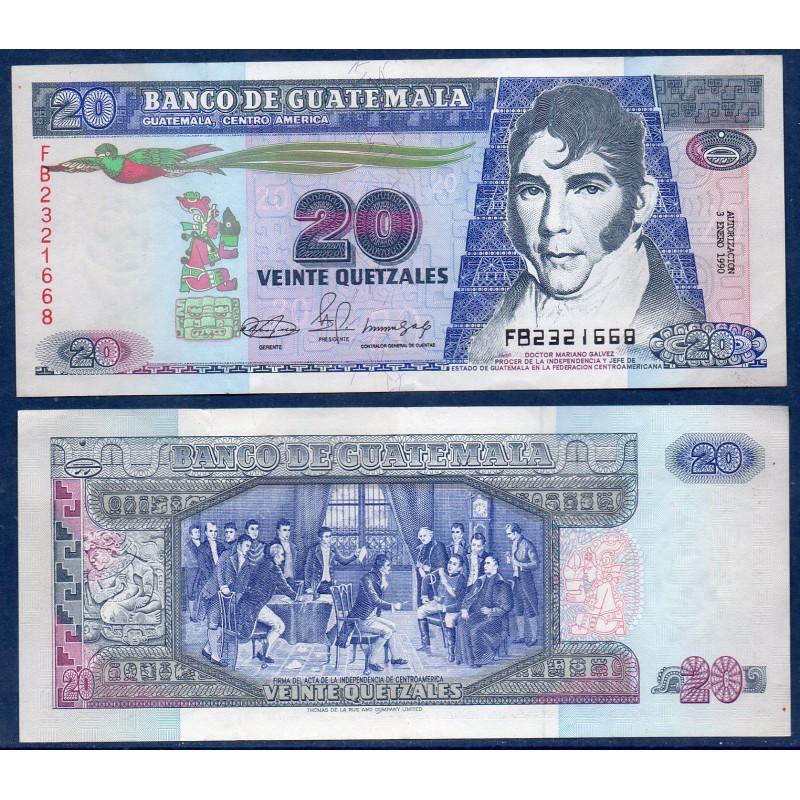 Guatemala Pick N°76b, Sup Billet de banque de 20 Quetzales 1990