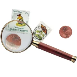 Loupe à manche avec lentille en verre, cadre métallique doré, grossit 2x, Ø 80 mm
