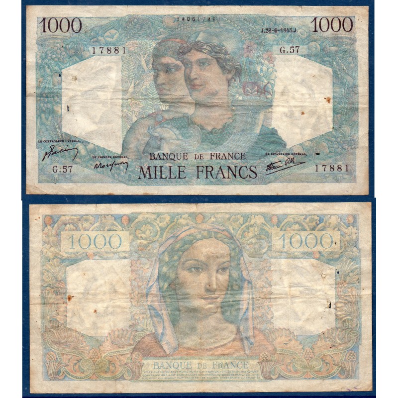 1000 Francs Minerve et Hercule TB- 28.6.1945 Billet de la banque de France