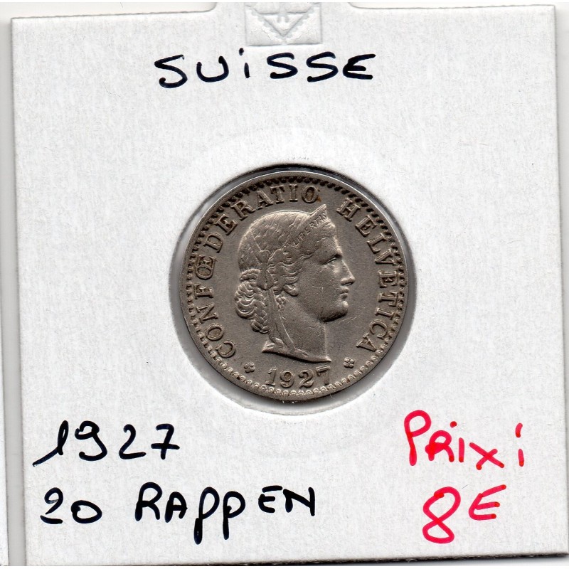 Suisse 20 rappen 1927 TTB+, KM 29 pièce de monnaie