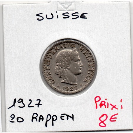 Suisse 20 rappen 1927 TTB+, KM 29 pièce de monnaie