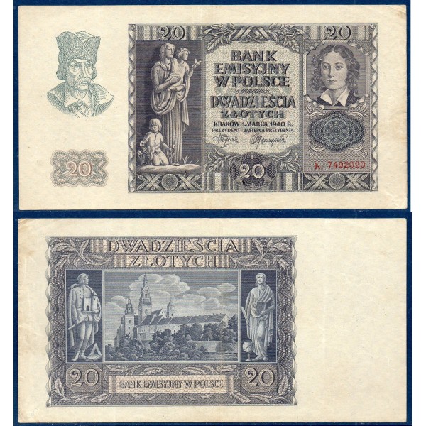 Pologne Pick N°95, TTB+ Billet de banque de 20 zlotych 1940