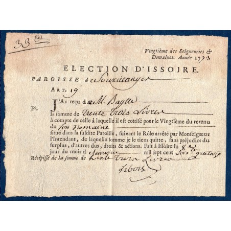 Reçu d'impôt de vingtième des seigneuries paroisse Sauxillanges Issoire 1773 33 livres