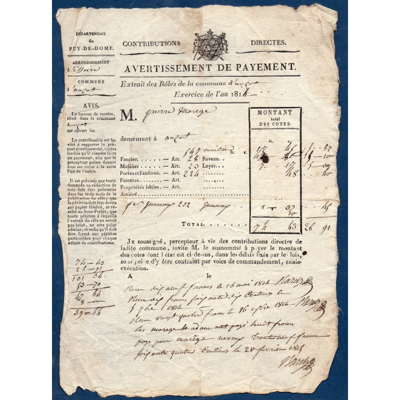 Avertissement de payement contribution directe, Issoire, auzat, 1814