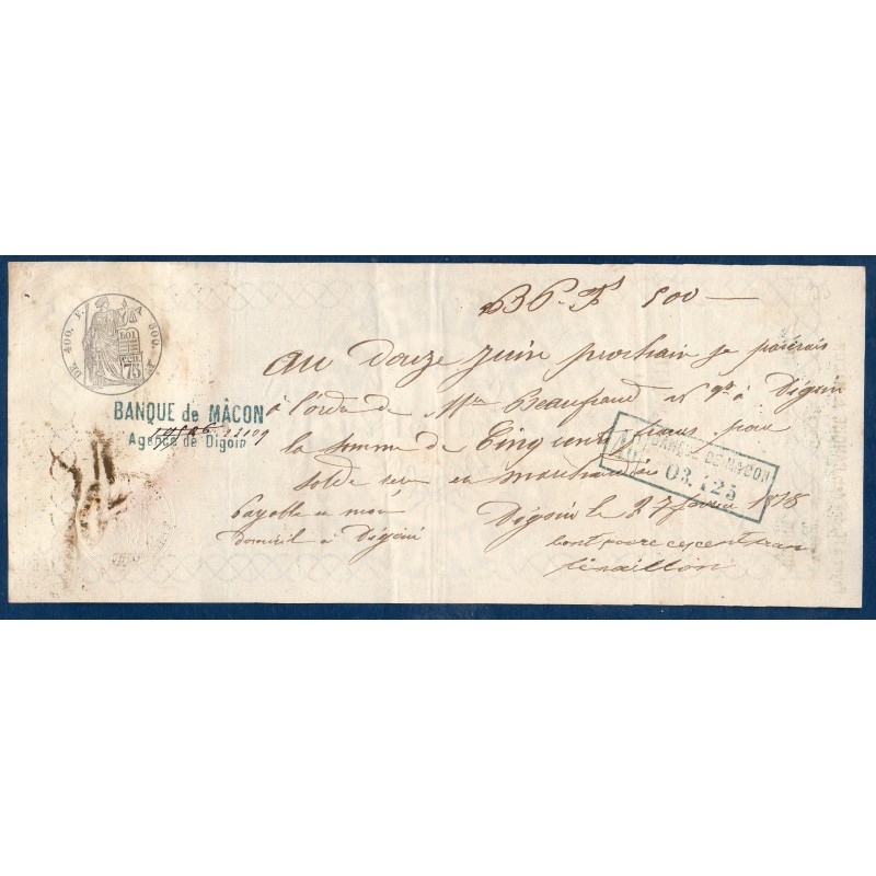 Mandat Banque de Macon, agence Digoin 500 francs 1878