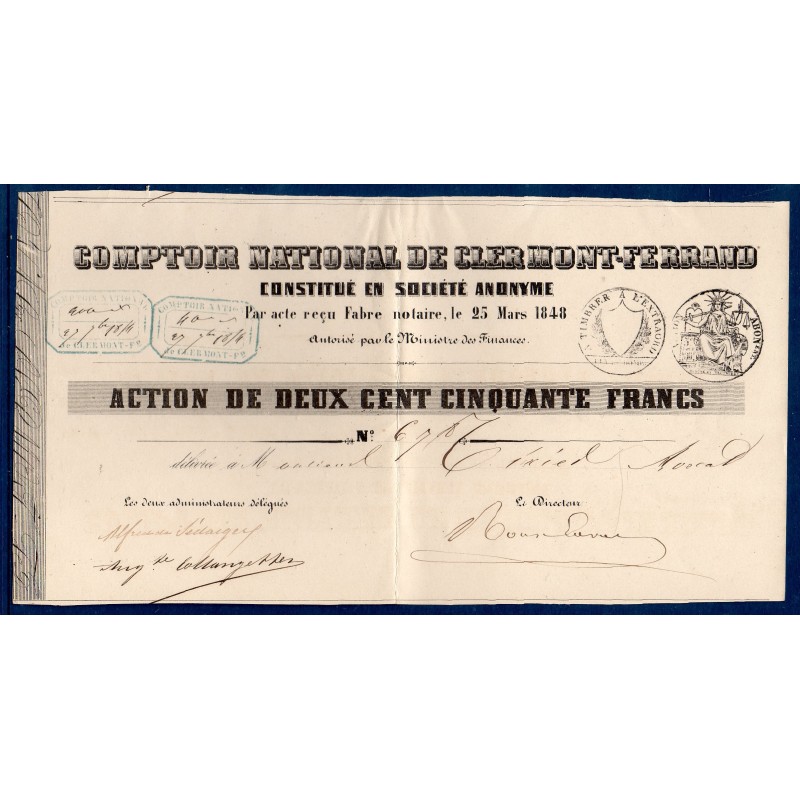 Action du comptoir national de Clermont Ferrand 250 francs 1848