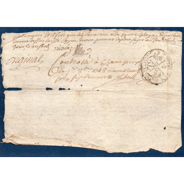 Document avec timbre royal auvergne 8 deniers Aigueperse 1748