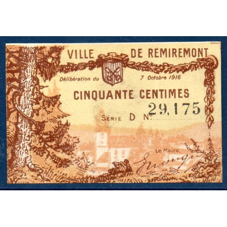 Ville de Remiremont 50 centimes Spl 7.10.1916 pirot 88-67 Billet