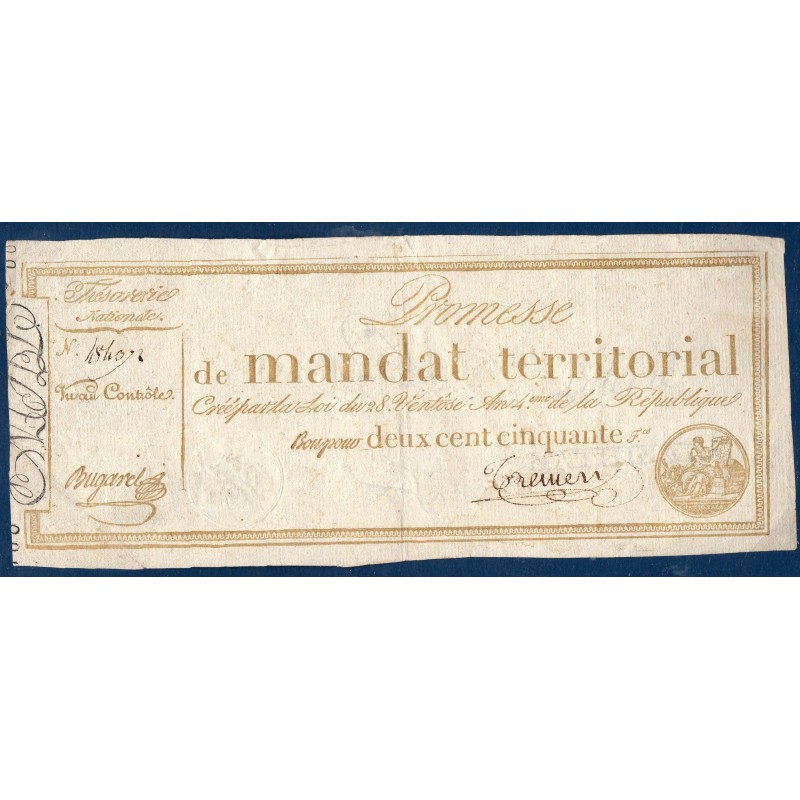 250 francs sans série Promesse de mandat territorial 28 ventose an 4 TTB signature Tremier