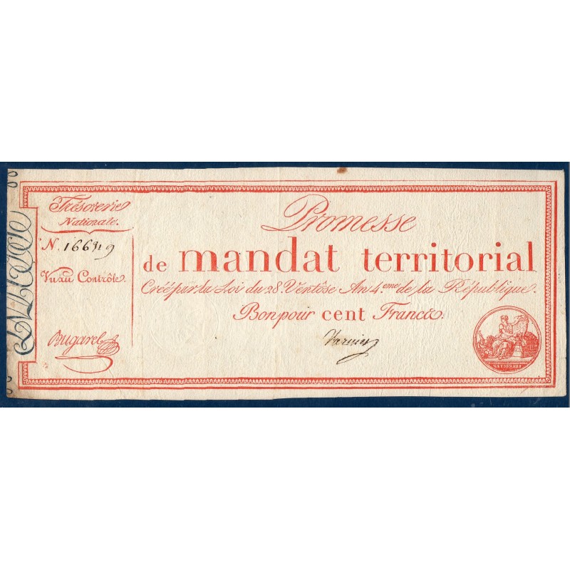 100 francs sans série Promesse de mandat territorial 28 ventose an 4 TTB signature Varieu