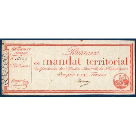 100 francs sans série Promesse de mandat territorial 28 ventose an 4 TTB signature Varieu
