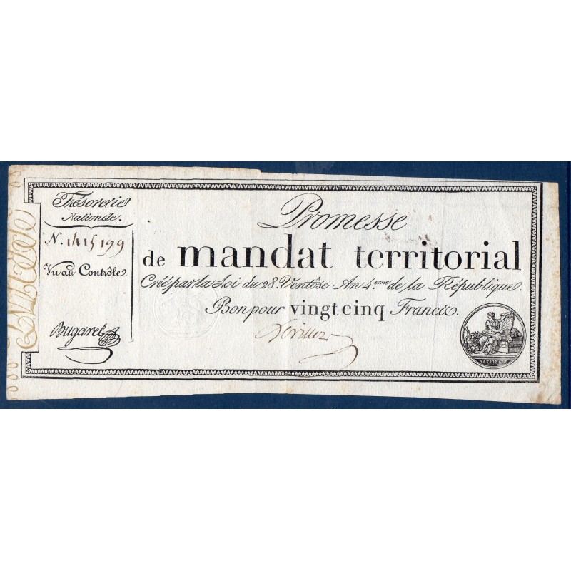 25 francs sans série Promesse de mandat territorial 28 ventose an 4 TTB+ signature Teniez