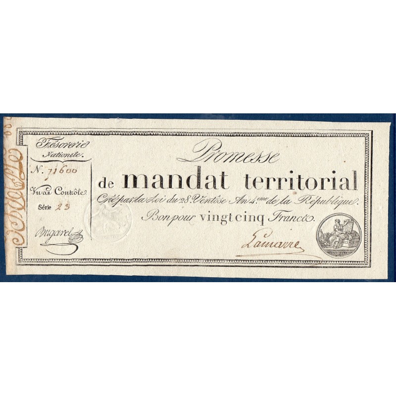 25 francs avec série Promesse de mandat territorial 28 ventose an 4 Sup signature Lamarre