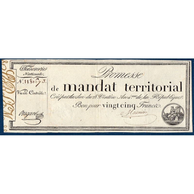 25 francs sans série Promesse de mandat territorial 28 ventose an 4 TTB+ signature Meunier