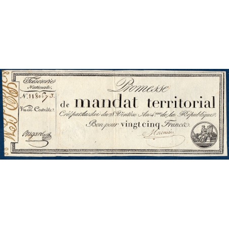 25 francs sans série Promesse de mandat territorial 28 ventose an 4 TTB+ signature Meunier