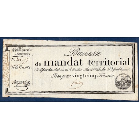 25 francs sans série Promesse de mandat territorial 28 ventose an 4 TTB+ signature Fruiton