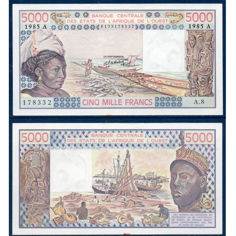 BCEAO Pick 108An pour la Cote d'Ivoire, Billet de banque de 5000 Francs CFA 1985