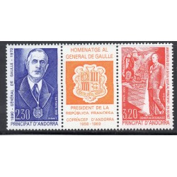 Timbres Andorre Yvert No 399A triptyque Général de Gaulle neufs ** 1990