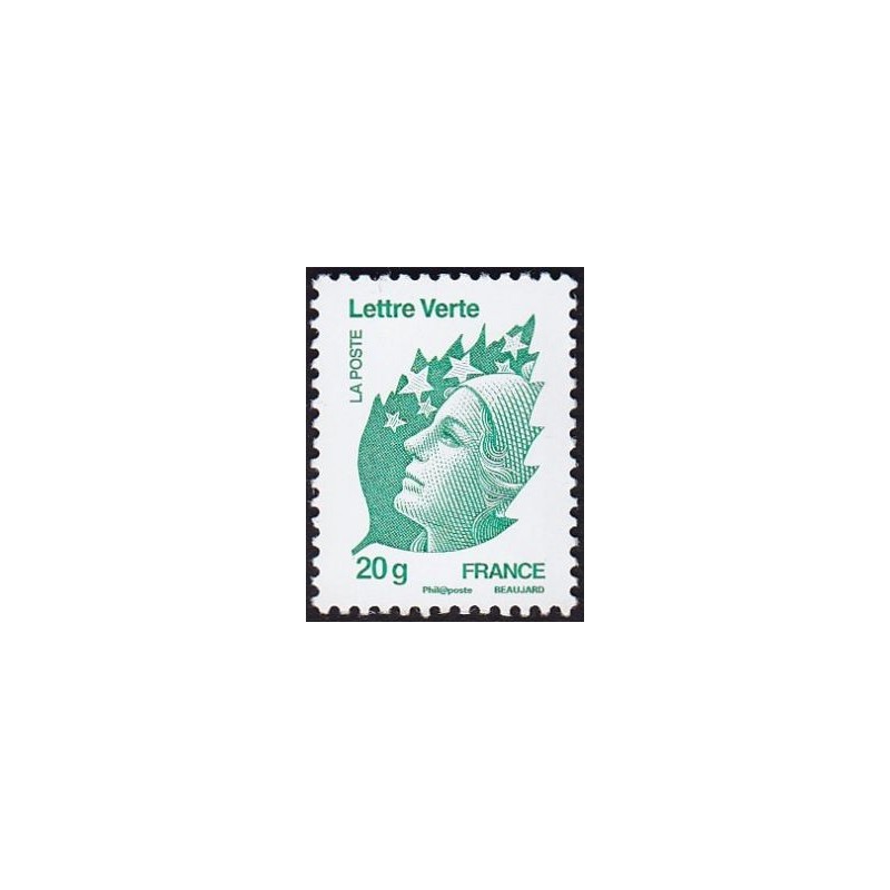 Timbre France Yvert No 4593a Marianne de Beaujard, lettre verte 20g vert émeraude Timbre France Yvert No 4593a Marianne de Beaujard, lettre verte 20g vert émeraude