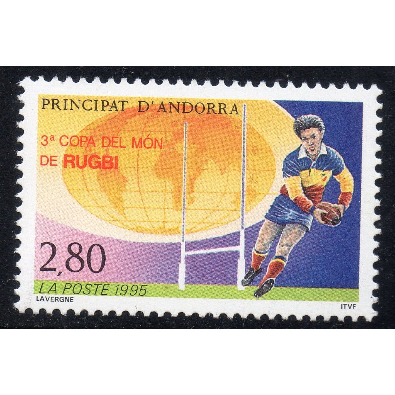 Timbre Andorre Yvert No 455 coupe du monde rugby neuf ** 1995