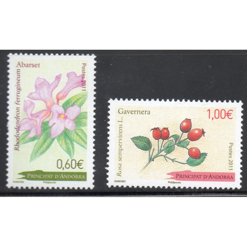 Timbres Andorre Yvert No 713-714 Flore Laurier Rose et Baie d'églantier neuf ** 2011