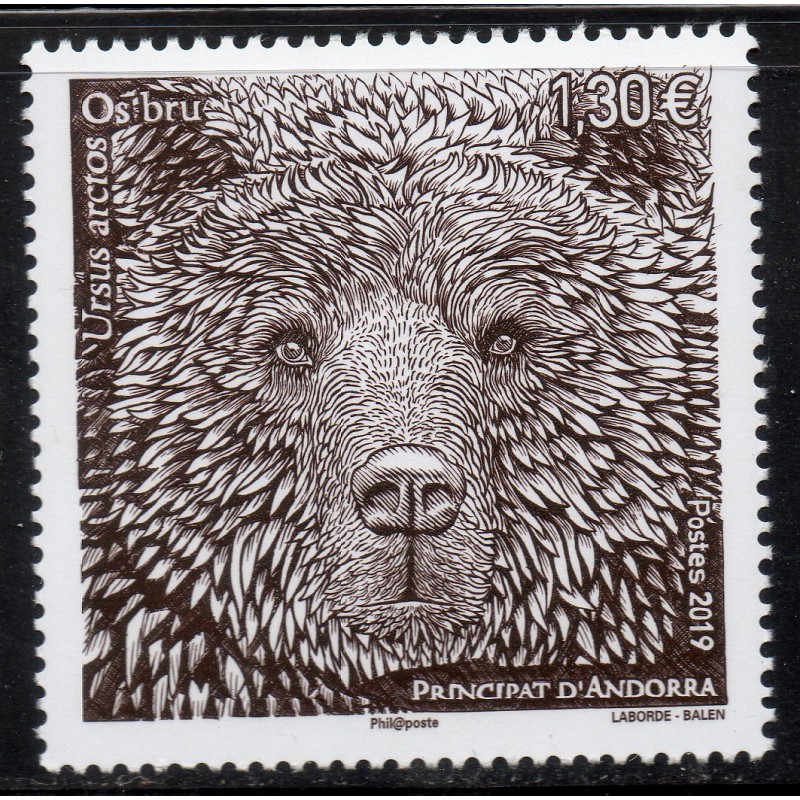 Timbre Andorre Yvert No 837 Faune, ours brun neuf ** 2019