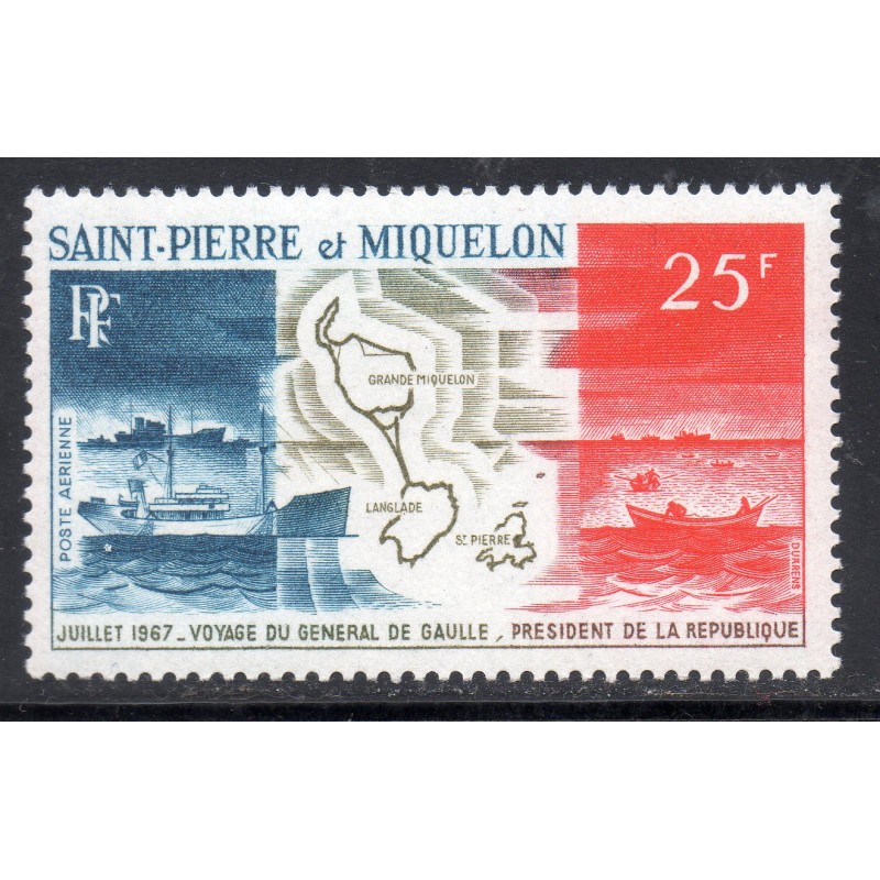 Timbre Saint Pierre poste aérienne 38 Voyage du général de Gaulle neuf ** 1967
