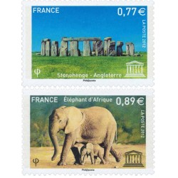 Timbres France Services Yvert 154-155 UNESCO Stonehenge et éléphants d'Afrique