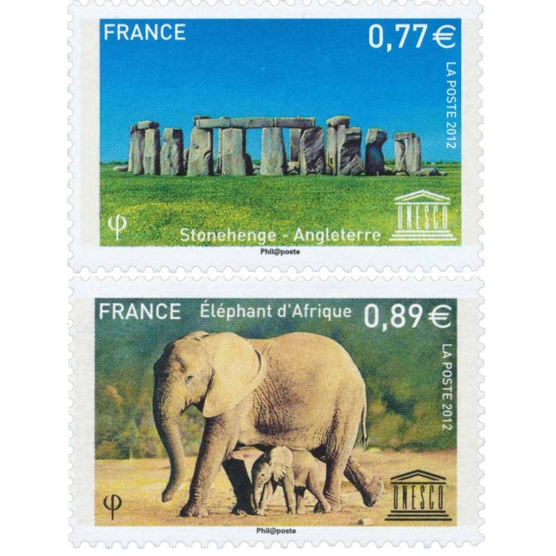 Timbres France Services Yvert 154-155 UNESCO Stonehenge et éléphants d'Afrique