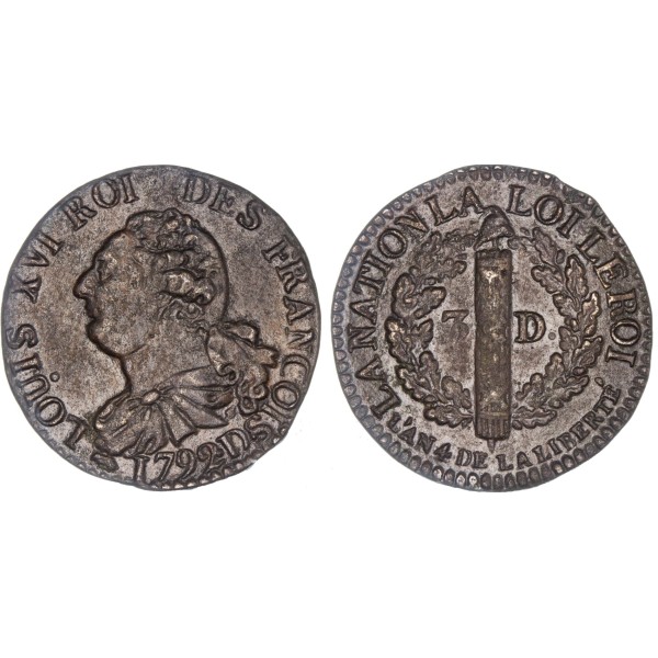 3 denier Constitution Louis XVI 1792 D petit Buste,  Gad 5 France pièce de monnaie