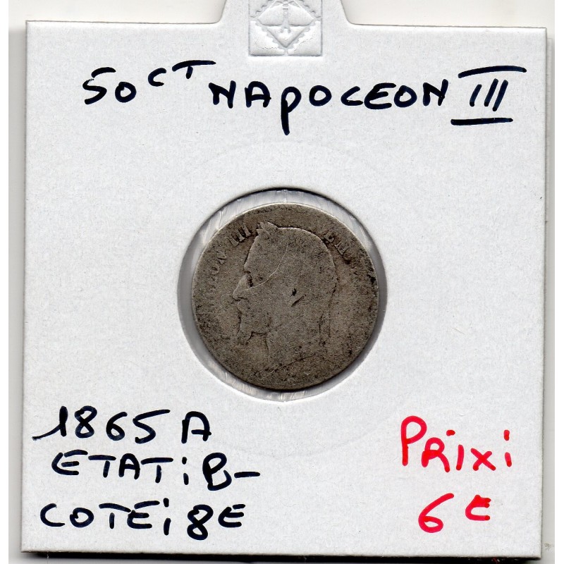 50 centimes Napoléon III tête laurée 1865 A Paris B-, France pièce de monnaie