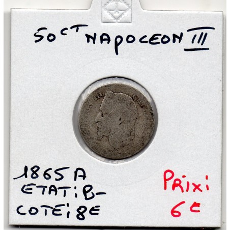 50 centimes Napoléon III tête laurée 1865 A Paris B-, France pièce de monnaie