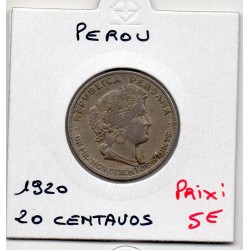 Pérou 20 Centavos 1920 TTB, KM 215 pièce de monnaie