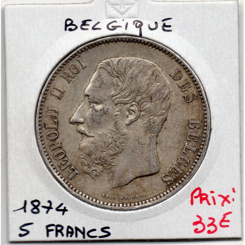 Belgique 5 Francs 1874 Sup-, KM 24 pièce de monnaie