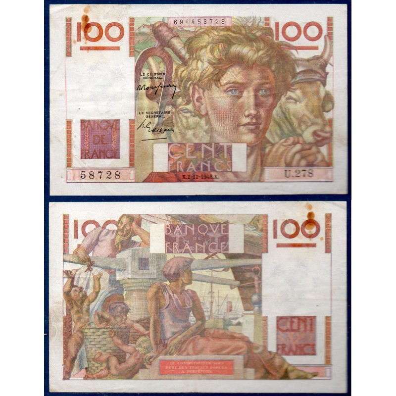 100 Francs Jeune Paysan TTB- 2.12.1948 Billet de la banque de France