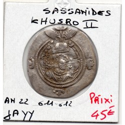 Sassanide Khusro II an 22 611-612 AD Jayy TTB pièce de monnaie