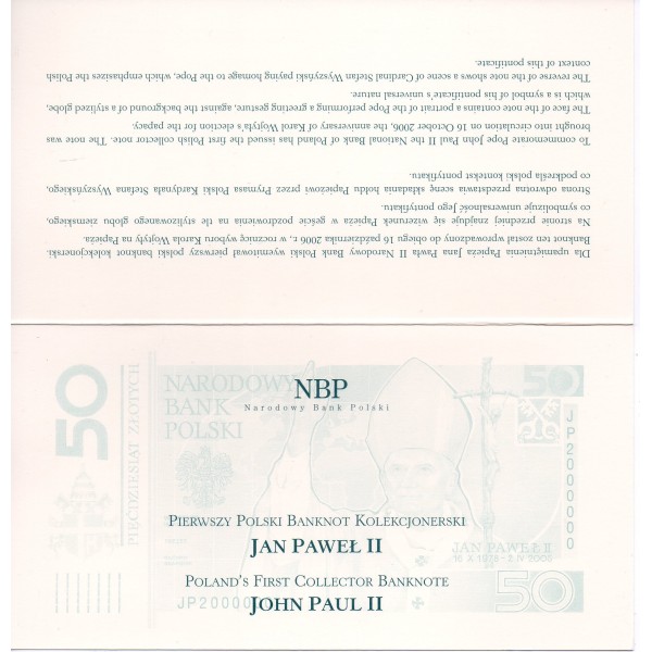 Pologne P.178, Neuf, Billet de 50 Zlotych 2006 Folder Jean-Paul II