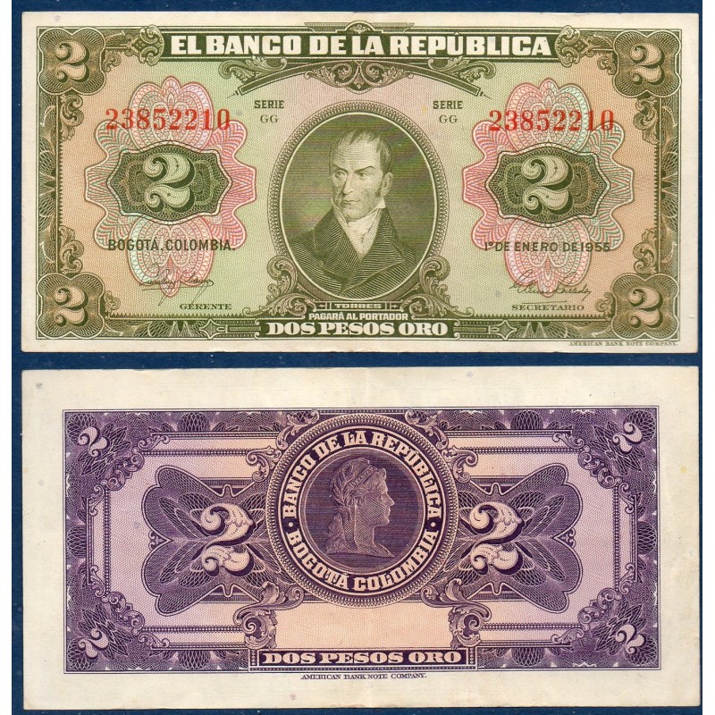 Colombie Pick N°390d, TTB+ Billet de banque de 2 Pesos oro 1955