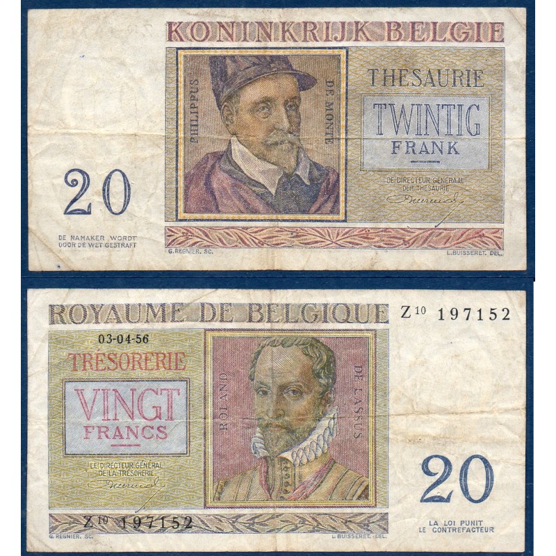 Belgique Pick N°132b, TB Billet de banque de 20 Francs Belge 1956