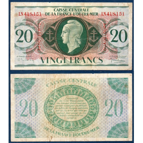 Guadeloupe Pick N°28a, TB Billet de banque de 20 francs 1944