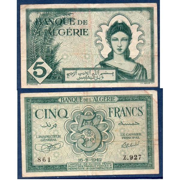 Algérie P.91, TB- Billet de 5 Francs 16.11.1942