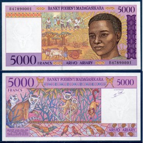Madagascar Pick N°78b, neuf Billet de banque de 5000 Francs : 1000 ariary 1995