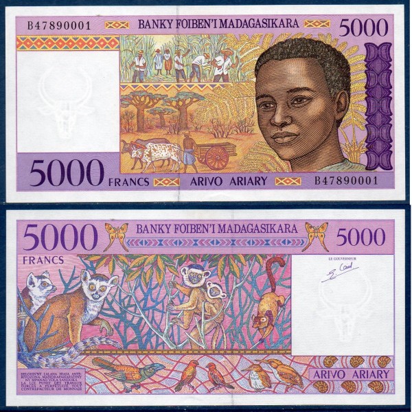 Madagascar Pick N°78b, neuf Billet de banque de 5000 Francs : 1000 ariary 1995