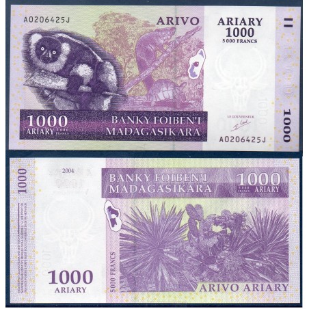 Madagascar P.89a, Neuf, Billet de 1000 Ariary : 5000 Francs 2004 Sisal
