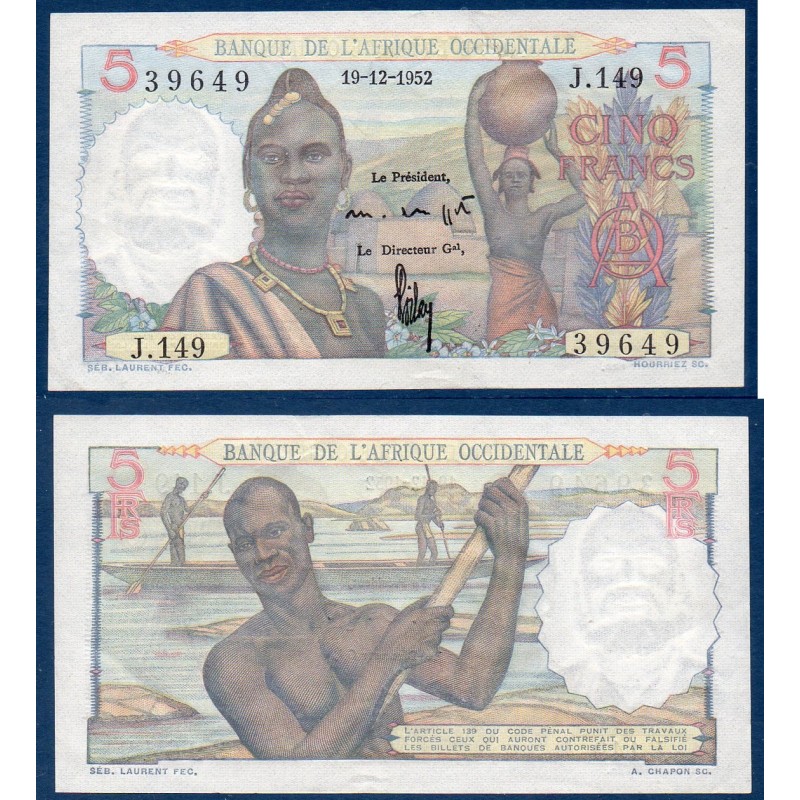 AOF Pick 36a, Billet de banque de 5 Francs Sup 19.12.1952