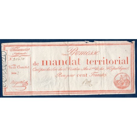 100 francs avec série Promesse de mandat territorial 28 ventose an 4 TTB- signature Petit