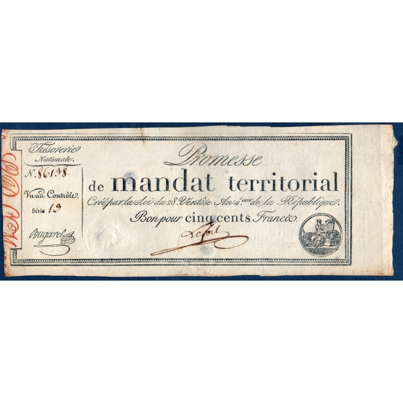 500 francs avec série Promesse de mandat territorial 28 ventose an 4 TTB+ signature Lefort