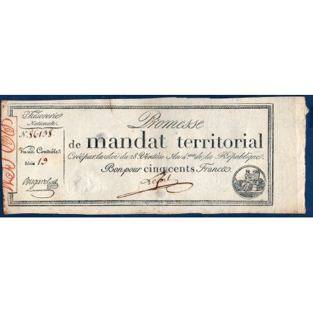 500 francs avec série Promesse de mandat territorial 28 ventose an 4 TTB+ signature Lefort