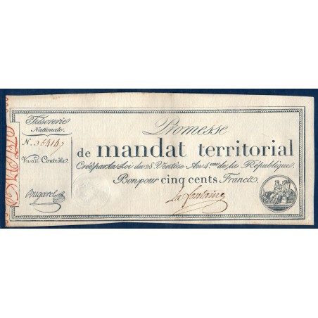 500 francs sans série Promesse de mandat territorial 28 ventose an 4 TTB+ signature Lafontaine